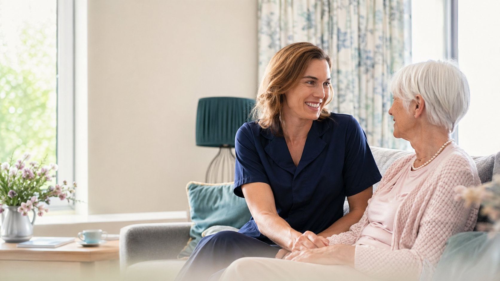 A smiling care worker supporting an older person at home